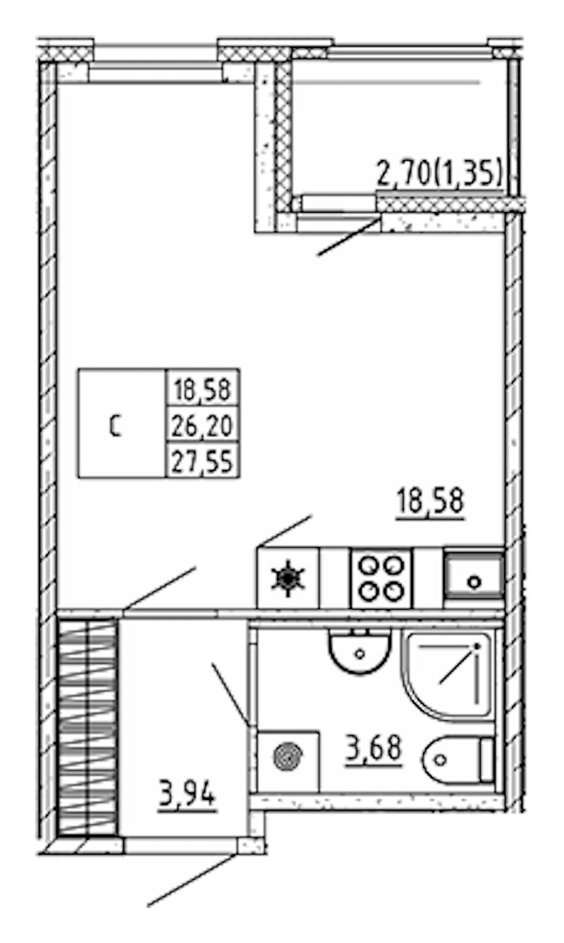 Квартира студия 27.55 м², 7/12 эт., ЖК «UP! Квартал Воронцовский»